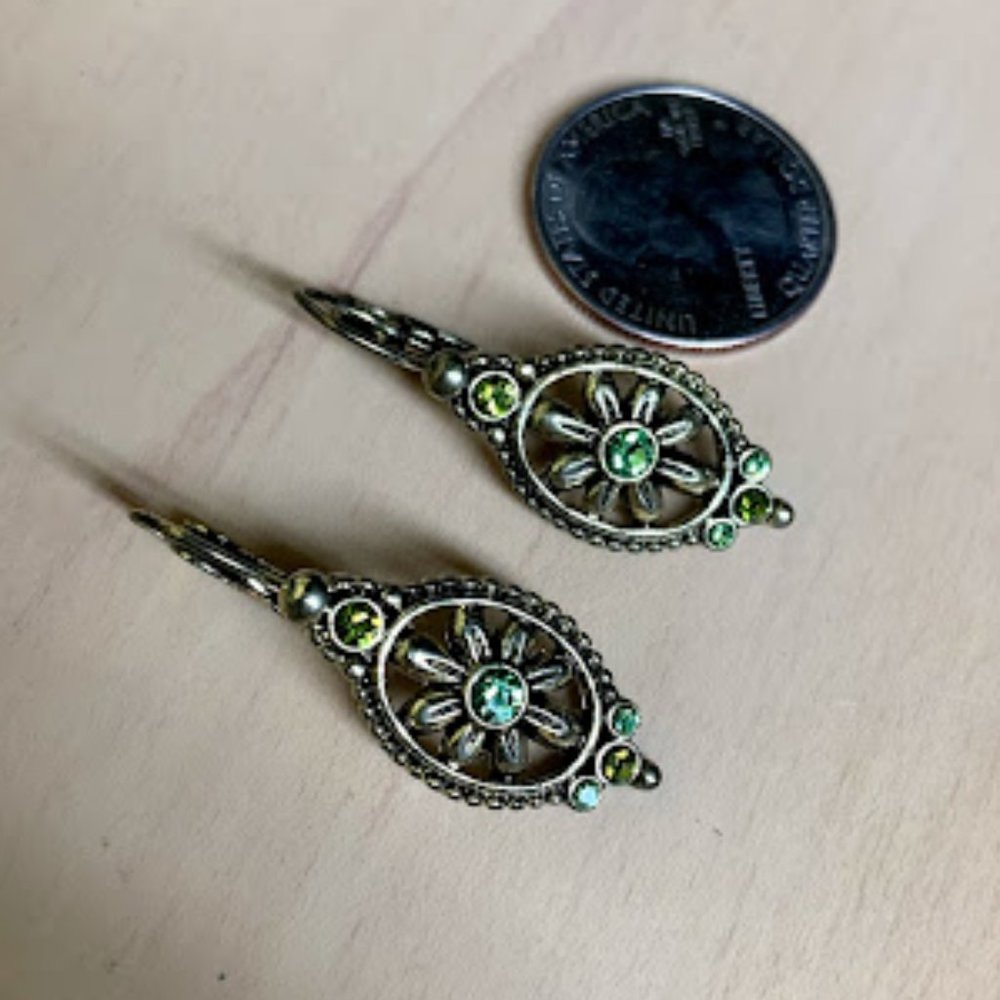 green floral metallic  vintage style lever back drop earrings